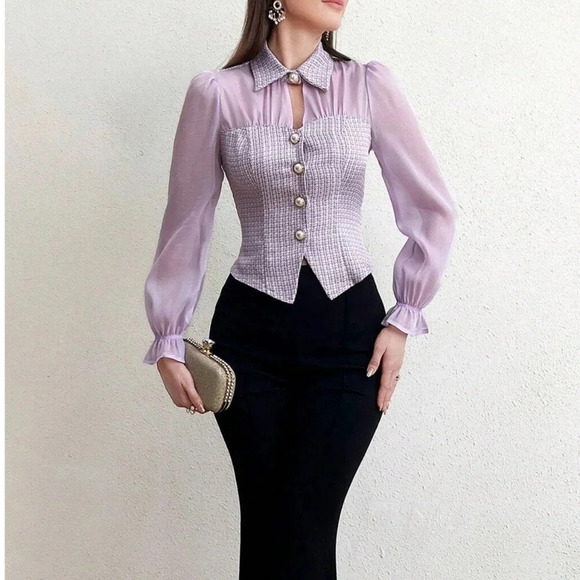 Modely Patchwork Fabric Button Front Long Sleeve Shirt - Picture 4 of 5